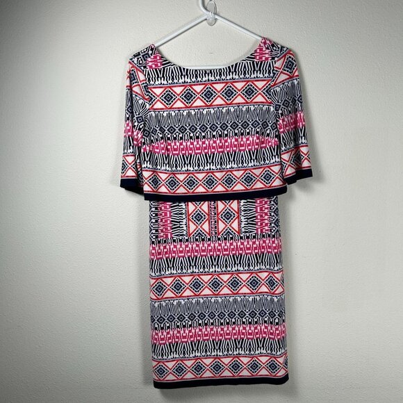Eliza J Shift Dress Size 6 Aztec Geometric Print Popover Stretch Boat Neck - Picture 1 of 11